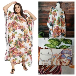 Gypsie Blu Kaftan Dress Mumu One Size Maxi Boho Tropical Leaf Print NWT - Picture 1 of 13
