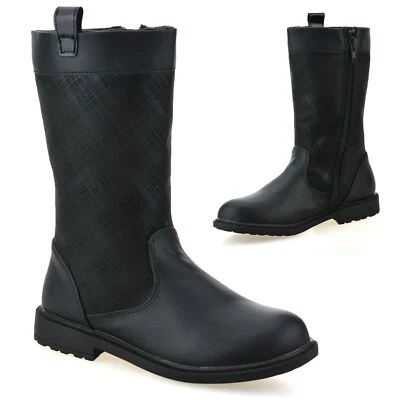Girls Childrens kids Zip Up School Winter Casual Mid Calf Biker Boots Shoes Size - Image 1 of 4