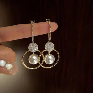 Oversized White Pearl Drop Earrings-korean Boho Gold Zircon Wedding Jewelry Gift - Picture 1 of 24