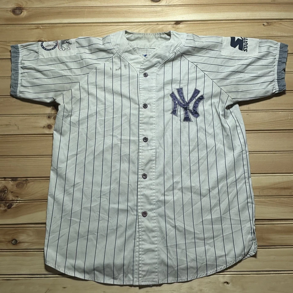 Camiseta de béisbol blanca a rayas prendedor de iniciación vintage de los New York Yankees talla grande Foto 1 de 4