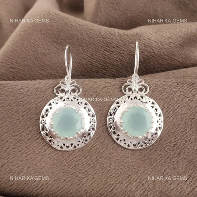 925 Sterlingsilber Natürlich Aqua Chalzedon Ohrhänger Hochzeit Ohrringe Schmuck - Bild 1 von 4