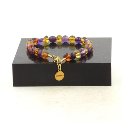 Mineralien und Steine Précieuses. Armband Stahl Gold Edelstahl Perlen Bernstein - Bild 1 von 2