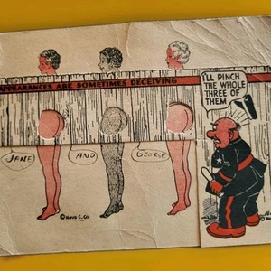 1920s Naughty 3 LITTLE PIGS SeXy GIRLS MECHANICAL Optical Trick Birthday Card - Picture 1 of 10