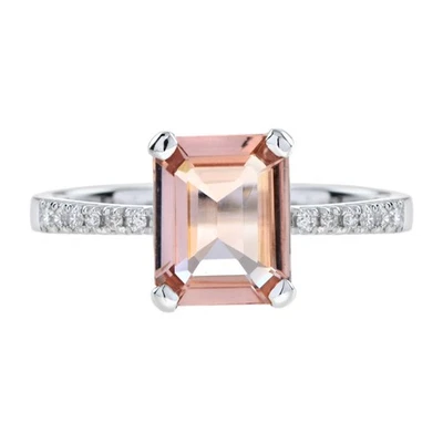 18K White Gold Natural Emerald Cut Morganite with Diamond Engagement Ring Foto 1 de 4