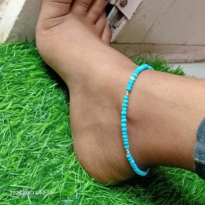 Natural Bule Turquoise Beads Beaded Anklet Foot Jewelry Gift for Her - Image 1 of 4