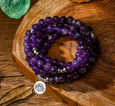 Amatista Mala Cuentas 108 Collar Loto Dije Pulsera para Oración Meditación Yoga Foto 1 de 4