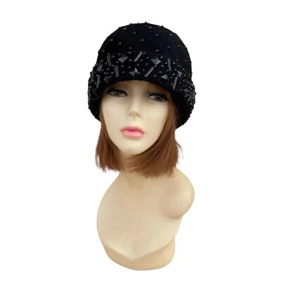 Sombrero Cloche de Lana MR. KURT Original Para Mujer Negro Tachonado Vintage Foto 1 de 4