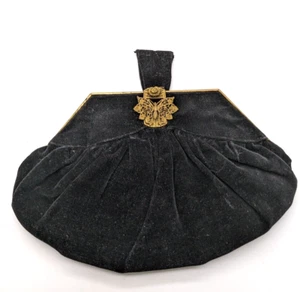 Black Velvet Handbag Evening Bag Moth Butterfly Clasp Gold Tone French Style - Picture 1 of 9
