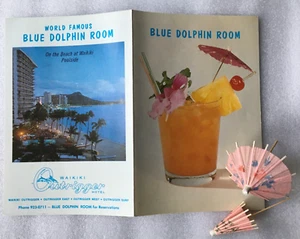 Menù bevande esotiche vintage anni 70 stanza dei delfini blu hawaiani Waikiki Outrigger Oahu - Foto 1 di 8