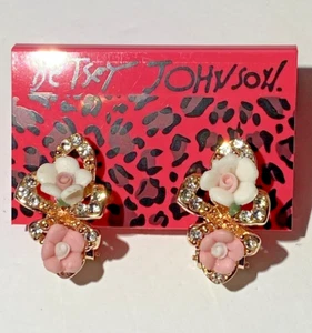 BETSEY JOHNSON PETITE PINK & WHITE FLOWERS WITH CRYSTALS PIERCED EARRINGS - Picture 1 of 5