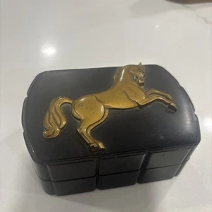 Vintage Art Deco Hickok Bakelite Gold Horse Cigarette Box Black Trinket Jewelry - Foto 1 di 18
