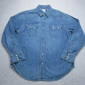 Levis Shirt Men L Blue Pearl Snap Denim Faded Western Cowboy Sawtooth - Picture 1 of 10