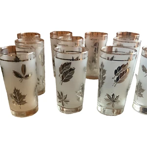 LIBBEY fall leaves metallic silver gray frosted 5" glasses vintage MCM Set Of 10 - Picture 1 of 8