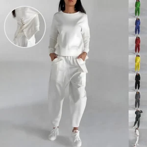 Solid Color Fashion Sweatshirt Long Sleeve Back Slit Top With Pockets Loose Trou - Picture 1 of 8