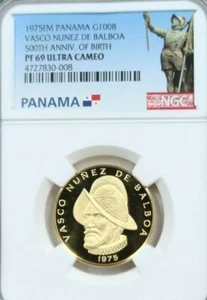 1975 PANAMA GOLD 100 BALBOAS VASCO NUNEZ DE BALBOA NGC PF 69 ULTRA CAMEO BEAUTY - Picture 1 of 4