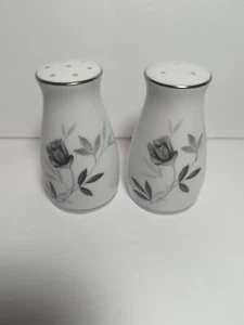 Noritake Rosamor Salt/Pepper Shakers Gray Roses/Black Leaves Platinum - Picture 1 of 8