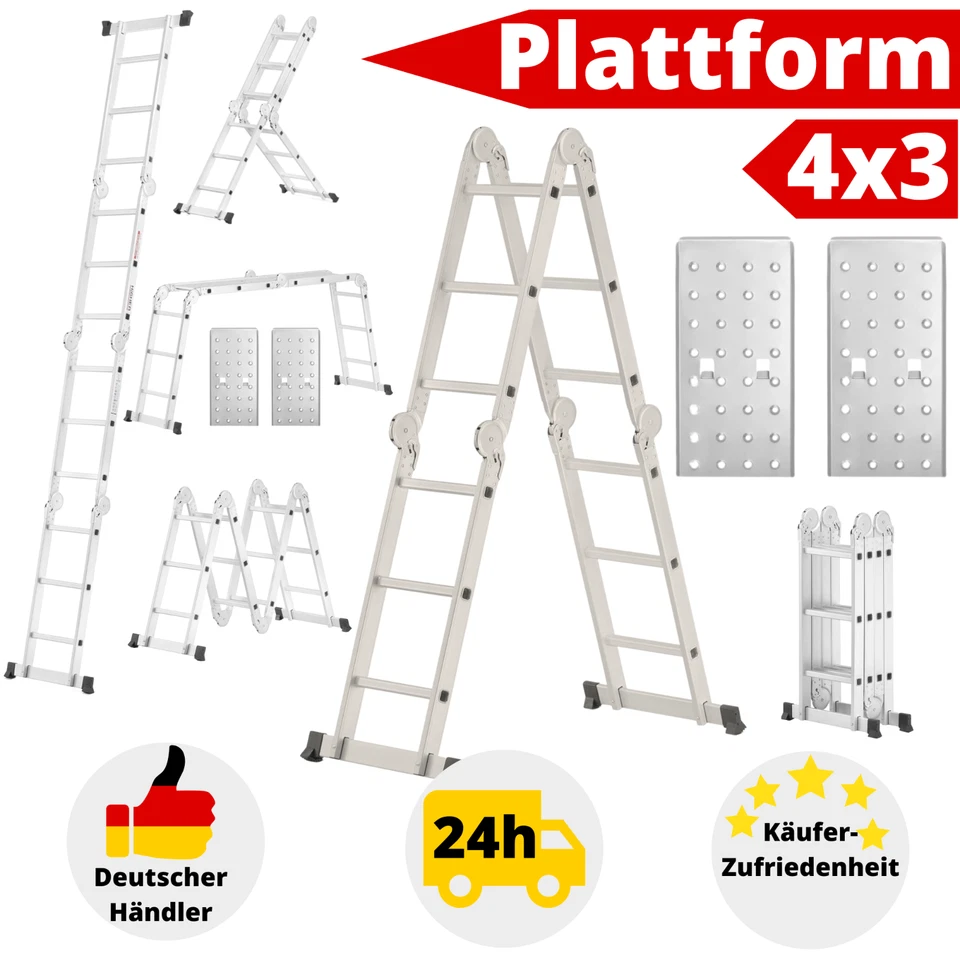 Mehrzweckleiter 4x3 Klappleiter Gelenkleiter Ausziehbar Aluleiter mit Plattform - Bild 1 von 4