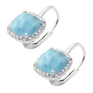 Halo Natural Larimar Cushion Cut .925 Sterling Silver Earrings - Picture 1 of 2
