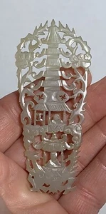 Antique QING CHINESE PALE CELADON JADE HAND CARVED PENDANT PAGODA PEOPLE SIGNED - Picture 1 of 5
