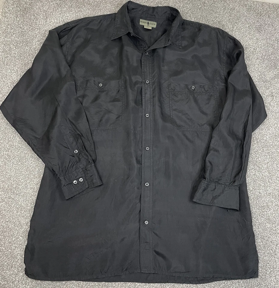 Camisa de Colección Robert Stock Para Hombres L 100% Seda Fina Ligera Vestido Negro Sólido Foto 1 de 4