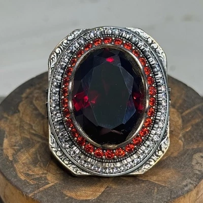 925 Silver Men Garnet Stone Ring, Dark Deep Ruby Stone Ring, Ottoman Style Ring - Image 1 of 4