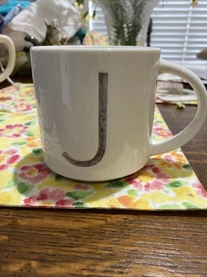Williams Sonoma “J” Mug, White Porcelain With Gold Bottom Rim, J Is Gold/Silver - Image 1 of 4
