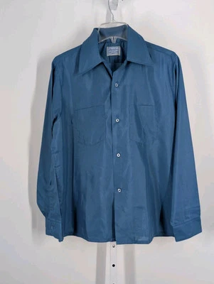 Camisa Rockabilly M 15-15.5 Van Heusen de satén azul océano cuello bucle vintage años 60 Foto 1 de 4