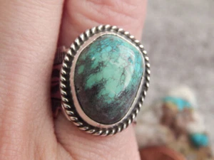 Ladies Bisbee Turquoise Sterling Silver Ring Navajo Robert Shakey Size 7 1/2 - Picture 1 of 7