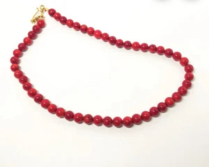 Red Natural Coral Bead Necklace Beaded Strand Gold Plated S Hook Closure - Picture 1 of 6