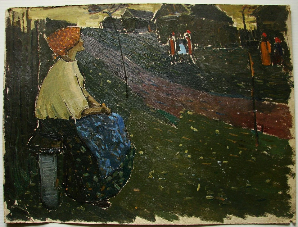 Pintura al óleo soviética URSS impresionismo figura mujer rural aldeana Foto 1 de 4