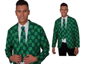 Green Irish St Patricks Jacket + Tie Set Adults Shamrock Sports Stag Fancy Dress - Picture 1 of 8
