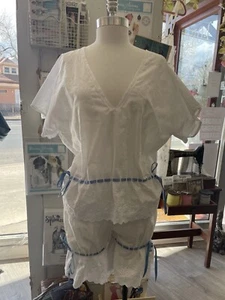 White Pajamas Bloomers Chemise Eyelet Embroidery Ribbon Lace Handmade Upcycled - Picture 1 of 11