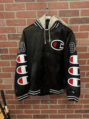 Chaqueta universitaria Supreme X Champion FW18 con capucha satinada negra - mediana 2018 Foto 1 de 4