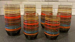 MCM SIX MULTI COLORED STRIPED TUMBLERS DRINKING GLASSES DOMINION GLASS - Picture 1 of 8