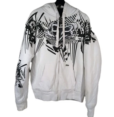 Fox Racing 连帽衫男式大号白色 Sasquatch 连帽衫全拉链人造毛皮衬里 Y2K — 第 1/4 张图片