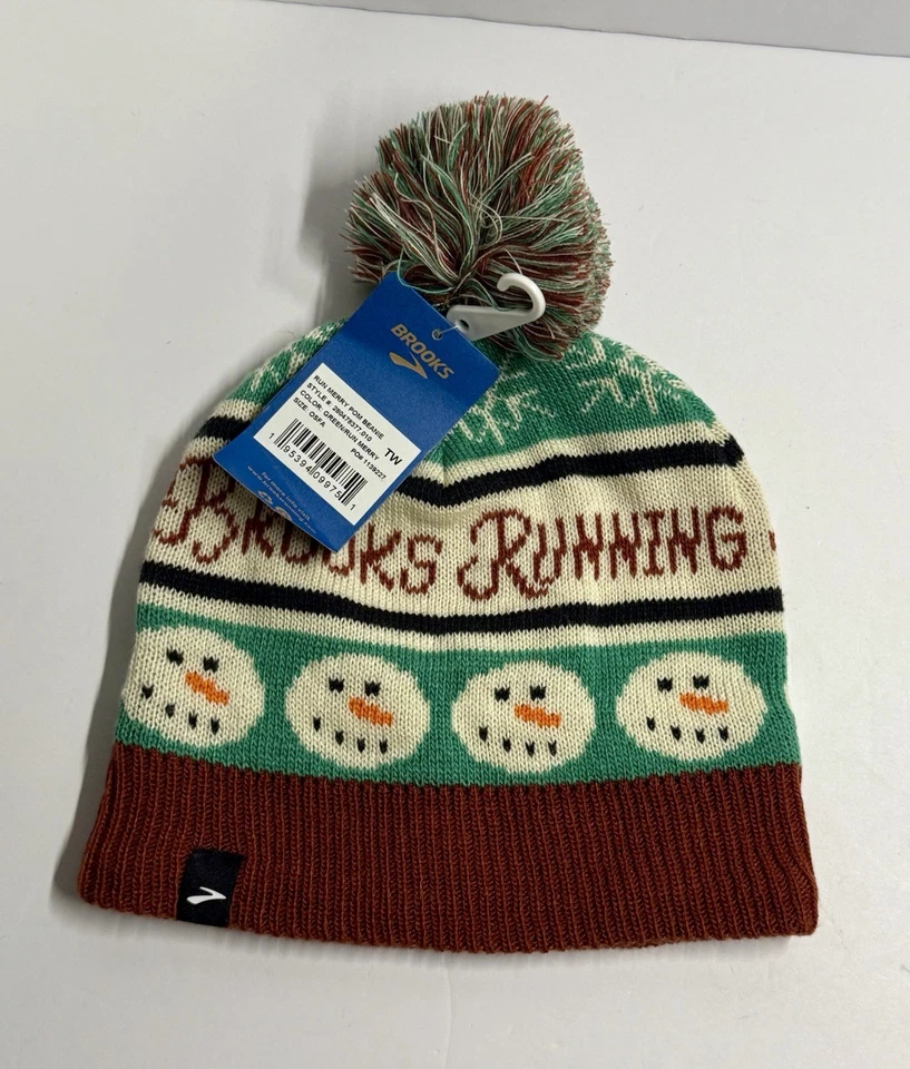Brooks womens green red black Running Merry Snowman knit snow pom beanie OS