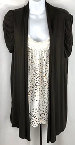 AB combo cardigan top XL brown ivory Leopard ruffle scoopneck ruched shortsleeve - Picture 1 of 6