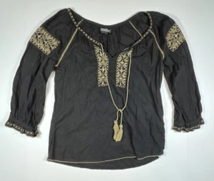 Lucky Brand Womens XS Top Blouse Live In Love Floral Embroidered Black Tassel - Picture 1 of 5