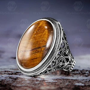 925 Sterling Silver Filigree Design Oval Tiger's Eye Stone Men's Ring - Picture 1 of 5