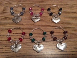 Hen Party Heart Wine Glass Charms Set of 6 Red Blue Navy Pink Green Purple - Picture 1 of 3