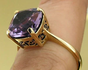 R224 Genuine 9ct 9K Solid Gold Natural Purple Amethyst Cushion Solitaire Ring - Picture 1 of 6