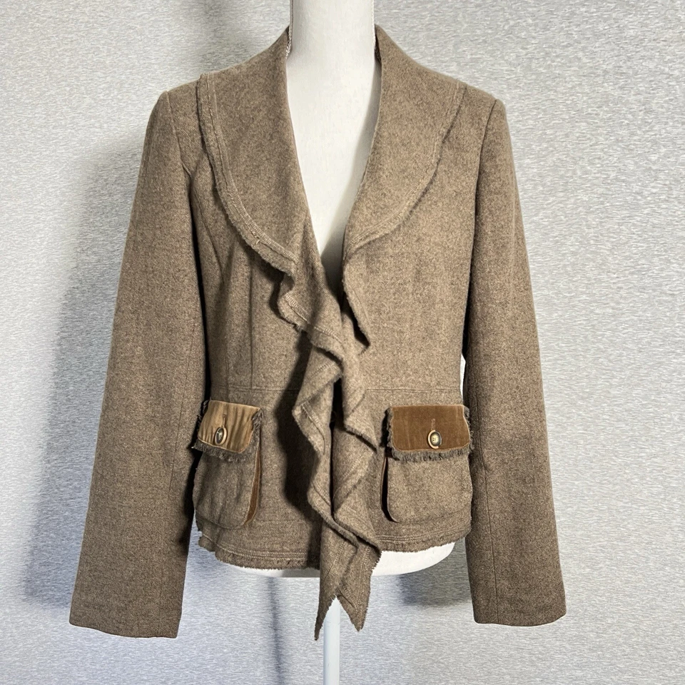 Blazer Cabi Mujer 8 Marrón Tweed Mezcla Lana Chaqueta Academia Y2K Volantes A Medida Foto 1 de 4