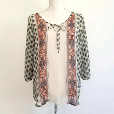 Blusa pulóver de mosaico boho semi transparente mediana azul marino manga 3/4 para mujer Foto 1 de 4