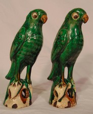 Pair Antique Chinese Sancai Pottery Porcelain Parrots Figures Roof Tiles Green 