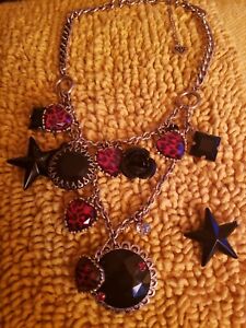 Betsey Johnson Vintage Red Leopard Print Lucite Heart Black Rose Star Necklace