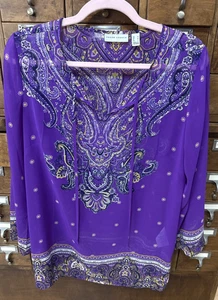 Susan Graver Top Womens M Purple Paisley Print Blouse Sheer - Picture 1 of 5