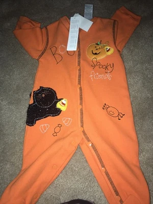 NWT Halloween Romper Sz 3-6M Unisex , Pumpkin, Glittery Black Cat, Spider, 3-6M - Image 1 of 4