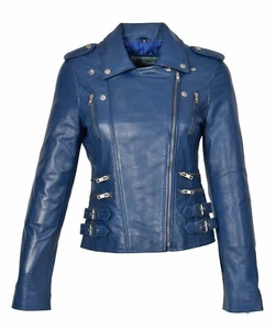 Stylische Damen Echt Leder Biker Jacke Gesteppt Slim Fit Blau Lammfell Trendy - Bild 1 von 6