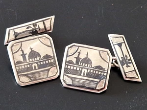VINTAGE MID CENTURY IRAQI CUFFLINKS SOLID SILVER NIELLO MOSQUE - Picture 1 of 7