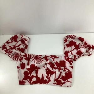 Boohoo Womens Top Size 14 Cream Red Floral Botanical Crop Blouse Short Sleeve - Picture 1 of 8